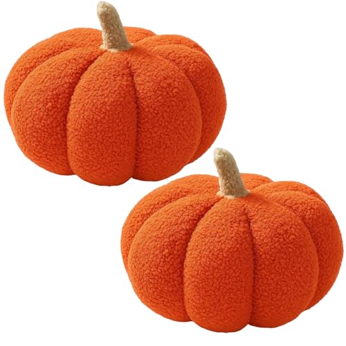 2 Stück Kürbiskissen Halloween Deko - Plüschkissen Herbst Dekoration mit 3D Kürbisoptik - Weiche Kürbis Kissenset für Sofa, Wohnzimmer - Thanksgiving Herbstkissen Fall Decor (Orange, 23cm) von RNXSIB
