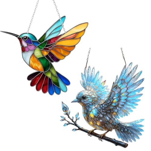 Sonnenfänger Kolibri, 2 Stück Farbiger Lichtfänger Aus Acryl Mit Glas-Effekt - Fensterdeko Hängend Für Garten, Balkon, Terrasse, Büro Und Wanddekoration von RNXSIB