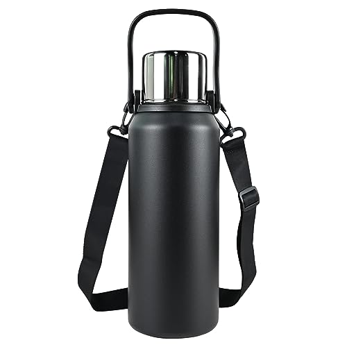 ROADNADO Thermosflasche 1,5L Thermoskanne mit Becher Tragbar Edelstahl Trinkflasche Wasserflasche 24-36H Heiß Kalt Grosse Kapazität Isolierflasche mit Griff und Schulterriemen für Kaffee Tee -Schwarz von ROADNADO