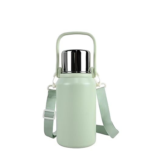 ROADNADO Thermosflasche 1,5L Thermoskanne mit Becher Tragbar Edelstahl Trinkflasche Wasserflasche 24-36H Heiß Kalt Grosse Kapazität Isolierflasche mit Griff und Schulterriemen für Kaffee Tee -Hellgrün von ROADNADO