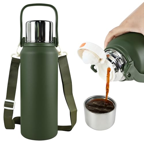 ROADNADO Thermosflasche 1,5L Thermoskanne mit Becher Tragbar Edelstahl Trinkflasche Wasserflasche 24-36H Heiß Kalt Grosse Kapazität Isolierflasche mit Griff und Schulterriemen für Kaffee Tee - Grün von ROADNADO