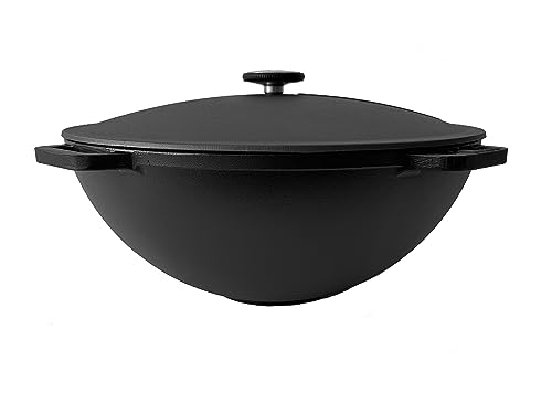 ROBARI Gusseisen Kazan mit Deckel | Traditioneller Gusstopf | Kasan mit abgeflachtem Boden | Grillwok schwarz 12 L von ROBARI