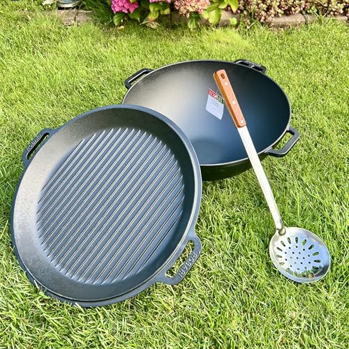 ROBARI Gusseisen Kasan 12 L mit GRILLDECKEL + Schaumlöffel KAZAN Wok Gulaschkessel von ROBARI