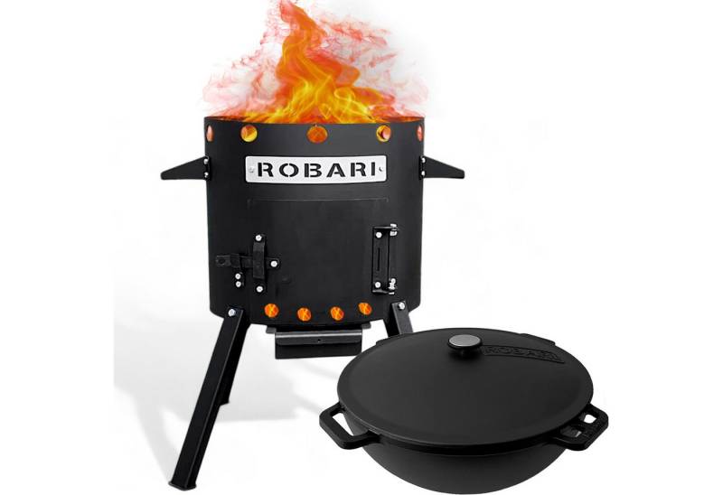 ROBARI Holzkohlegrill ROBARI Utschak Set mit Kasan 12 L aus Gusseisen von ROBARI