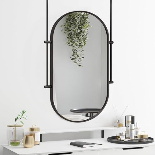 Ovaler Spiegel, Hängespiegel, Wanddekoration, Deckenmontage, Badezimmerspiegel, Schminkspiegel mit schwarzem Rahmen, anpassbar(27.6" L x 19.7" W) von ROBAUN