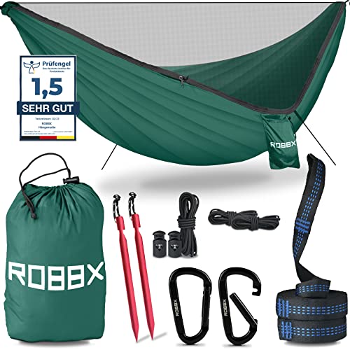 ROBBX® Hängematte Outdoor mit Moskitonetz für 2 Personen | 300kg Traglast | Doppelhängematte mit Befestigungs-Set | Nylon Camping Reisehängematte | 290x140cm Grün von ROBBX