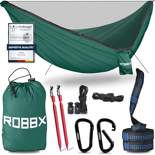 ROBBX® Hängematte Outdoor mit Moskitonetz für 2 Personen | 300kg Traglast | Doppelhängematte mit Befestigungs-Set | Nylon Camping Reisehängematte | 290x140cm Grün von ROBBX