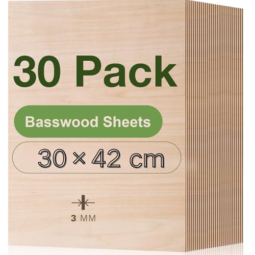 ROBOTIME Sperrholzplatte 3mm A3 Gefärbtes Linde Holzplatte Zuschnitt Nach Maß,Multiplex Platte Holz Laser Leimholzplatte Laserschnitt, CNC Router, Durchbrochenes 30 Stück 30×42cm von ROBOTIME