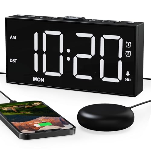 Lauter Wecker für Tiefschläfer, Vibrationswecker, 7'' Großes Display, Fette Schrift,Digital,Einstellbare Helligkeit,Doppelalarm,Snooze,USB-Ladegerät,zur Nutzung im Schlafzimmer(weiß) von ROCAM