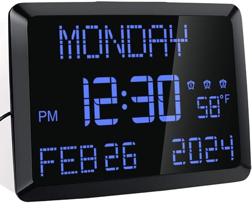 ROCAM Wanduhr Digital, 11,5" großes Display Kalender Wecker Tagesuhr mit Datum und von Woche, Temperatur, 2 USB-Ladegeräte, 3 Alarme, 12/24H für Büro, Wohnzimmer, Schlafzimmer, ältere Menschen von ROCAM