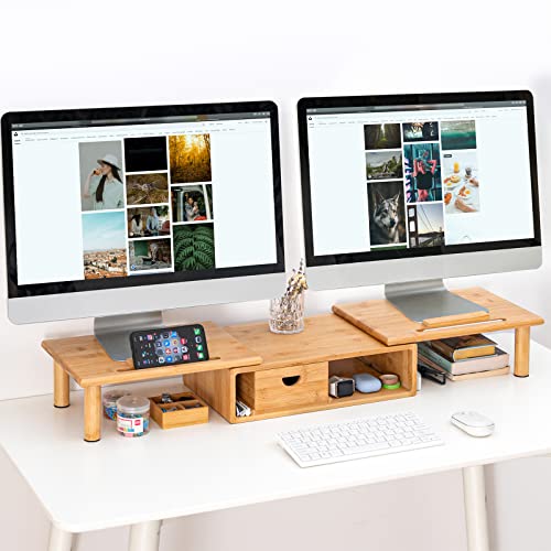 ROCDEER Bamboo Dual Monitor Regal für 2 Monitore, Monitor Stand Riser, darunter Lagerung für Schreibtisch Bürobedarf, und unterstützt für Computer-Monitor, schwere TV Riser bis zu 130 lbs, Natur von ROCDEER