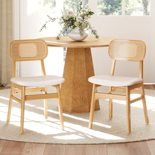 ROCITY Rattan Esszimmerstühle 2er Set Weiß Kunstleder Esszimmerstühle Naturholz Küchenstühle Bauernhaus Beistellstühle von ROCITY