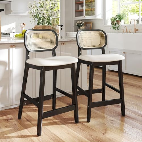 ROCITY Rattan-Thekenhocker, 2er-Set, Beige, Leinen, Barhocker, Bauernhaus, schwarzes Holz, 66 cm, Kücheninselstühle mit gebogener Rückenlehne von ROCITY