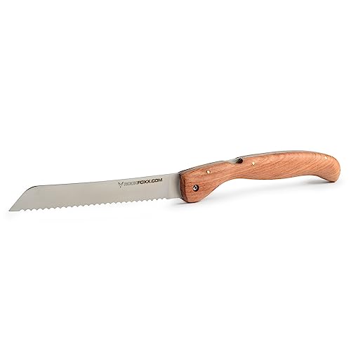 FOXXKNIFE Klappmesser Brotmesser Taschenmesser groß 18,5cm Klinge, ohne Lasergravur, Wurzelholzgriff, scharfer Wellenschliff, Ideal für Camping, Offroad, Abenteurer im Wohnmobil, Inkl. Hardbox von ROCK FOXX. COM