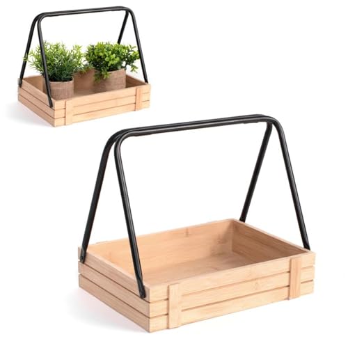 ROCKING GIFTS Blumentopf aus braunem Holz und schwarzem Metall, mit Griff, für den Garten, für den Balkon, Organizer-Tablett für die Küche, 31 cm von ROCKING GIFTS