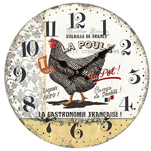 ROCKING GIFTS Dekorative runde Wanduhr aus MDF-Holz, rustikale Wanddekoration aus Frankreich mit Huhn Vintage Retro 34 cm von ROCKING GIFTS