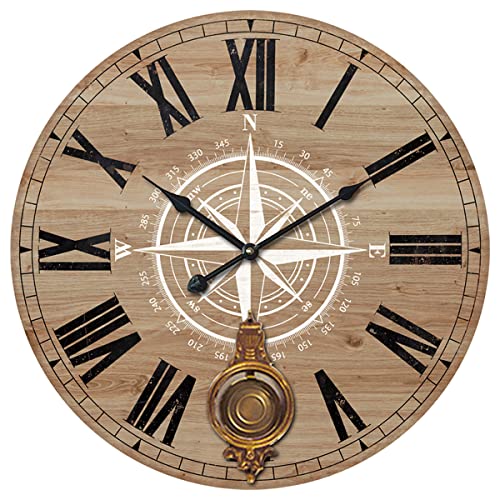 ROCKING GIFTS Große runde Wanduhr mit Pendel Dekorative Zeichnung Kompass mit römischen Ziffern, Braun MDF Holz, Wanddekoration Vintage Stilvolles Design, 58 cm von ROCKING GIFTS