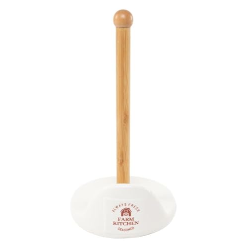 ROCKING GIFTS Küchenrollenhalter aus braunem Holz mit weißer Keramikbasis, rustikales Design, 30 cm von ROCKING GIFTS