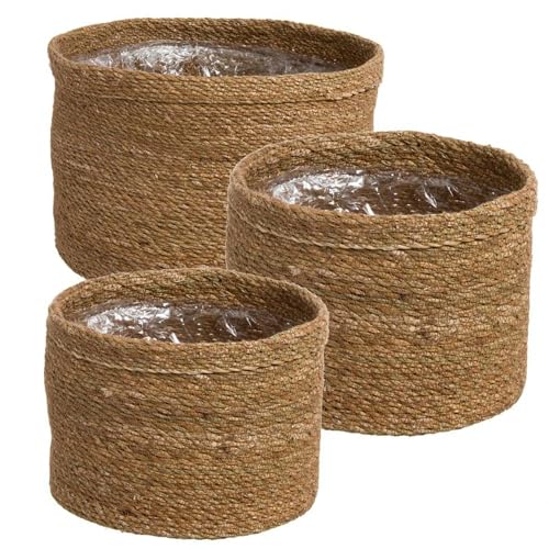 ROCKING GIFTS Set aus 3 runden braunen Rattan-Blumentöpfen mit wasserdichtem Kunststoff, 3 Größen, ideal für Pflanzen im Innen- und Außenbereich, 43 cm von ROCKING GIFTS