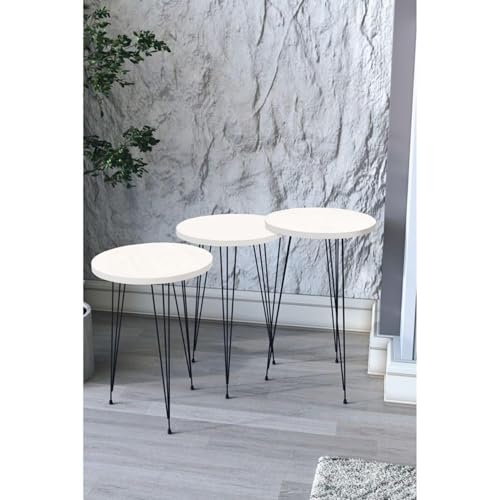 ROCKING GIFTS Set mit 3 kleinen Beistelltischen aus weißem Holz, rund, 3 Größen, Couchtisch im Industriestil, dekorativ für Wohnzimmer, 55 cm von ROCKING GIFTS