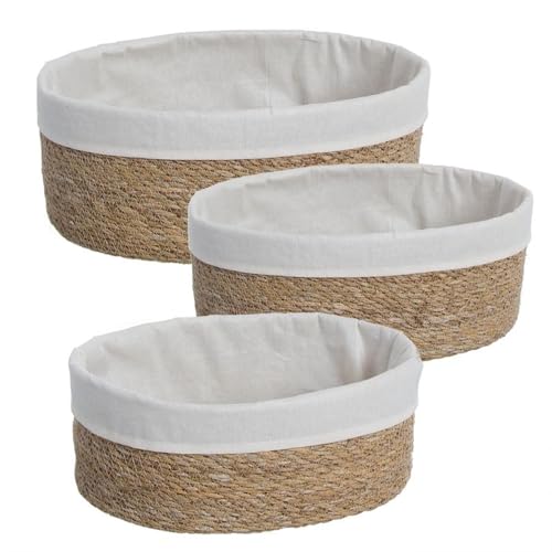 ROCKING GIFTS Set mit 3 ovalen Körben aus braunem Weidengeflecht mit weißem Stoff, 3 Größen, Mehrzweck-Aufbewahrungsboxen für Küche und Schrank, groß 31 cm von ROCKING GIFTS