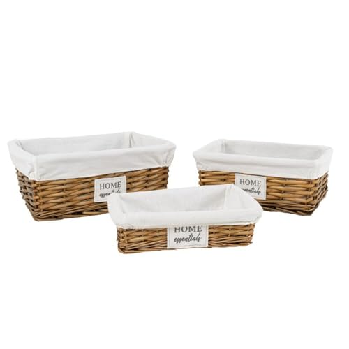 ROCKING GIFTS Set mit 3 rechteckigen Körben aus braunem Korbgeflecht mit weißem Stoff, 3 Größen, Mehrzweck-Aufbewahrungsboxen, Küchen- und Schrankorganizer, groß 41 cm von ROCKING GIFTS