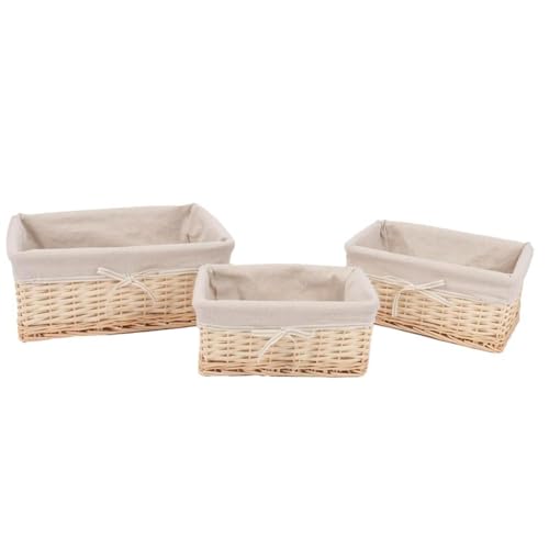 ROCKING GIFTS Set mit 3 rechteckigen Körben aus braunem Weidengeflecht mit beigem Stoff, 3 Größen, Mehrzweck-Aufbewahrungsboxen, Küchen- und Schrankorganizer, groß 46 cm von ROCKING GIFTS