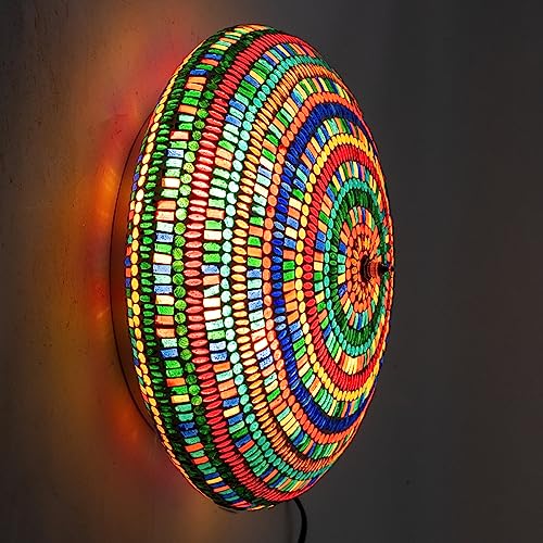 Runde Wand- oder Deckenleuchte, Farbige Kristalle für entspannendes warmes Licht, Mosaik Meditations- & Yoga-Ambiente, für Wohn- oder Schlafzimmer, 30 Cm Kabel, Wandschalter, Durchmesser 36 Cm von ROCKING GIFTS