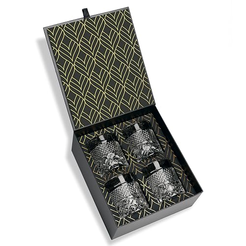 Kristall Whiskey Gläser – 4er-Set Gläser Admiral (280 ml) für Whiskey, Scotch & Bourbon – Edle Whiskeygläser für Cocktails & Drinks – Kristallgläser in Eleganter Geschenkbox mit Goldfolie von ROCKS WHISKEY CHILLING STONES