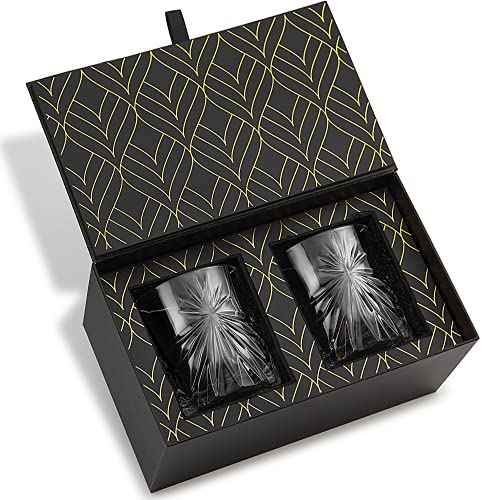 Kristall WhiskyGläser – 2er Gläser Set (315ml) Soleil für Whisky, Bourbon und Old Fashioned Cocktails – Whiskey Geschenkset Box mit Goldfolie von ROCKS WHISKEY CHILLING STONES