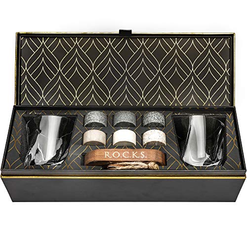 Whiskey Steine Geschenkset - 6 Handgefertigte Premium-Granitsteine, 2 außergewöhnliche Kristallgläser, Präsentations- und Aufbewahrungstablett aus Hartholz, Elegante Geschenkbox mit Goldfolie von ROCKS WHISKEY CHILLING STONES