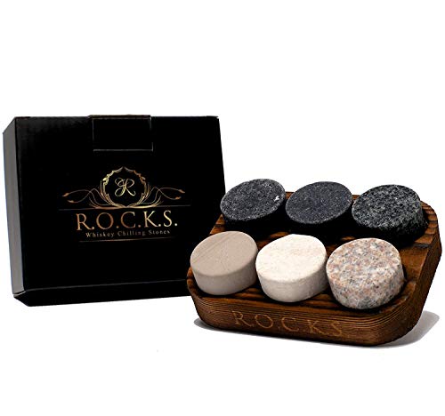 Whiskey Steine Geschenkset- 6 Handgefertigte Premium-Granitsteine - Präsentations & Aufbewahrungsschale Aus Hartholz R.O.C.K.S. von ROCKS WHISKEY CHILLING STONES