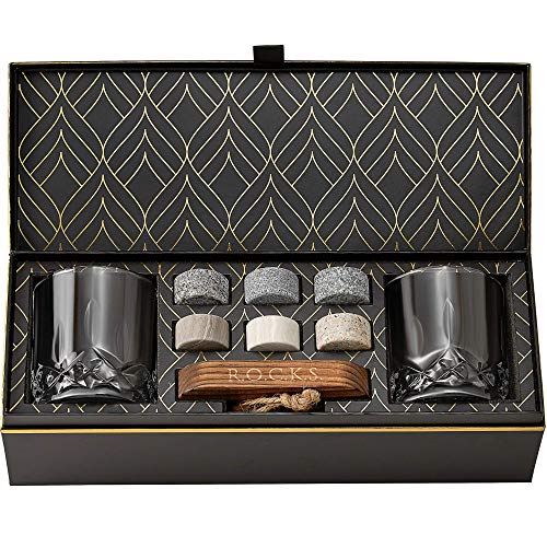 Whiskey Steine Set - 6 Handgefertigte Runde Granit Whisky Steine - 2 Kristall Whisky Gläser - Präsentations- und Aufbewahrungsbrett aus Hartholz - Whisky Geschenkset Box mit Goldfolie von Rocks von ROCKS WHISKEY CHILLING STONES