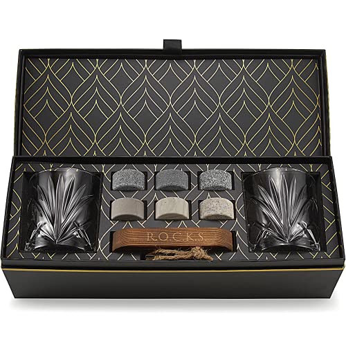 Whiskey Steine Set - 6 Handgefertigte Runde Granit Whisky Steine - 2 Whisky Gläser - Präsentations- und Aufbewahrungsbrett aus Hartholz - Whisky Geschenkset Box mit Goldfolie von Rocks von ROCKS WHISKEY CHILLING STONES