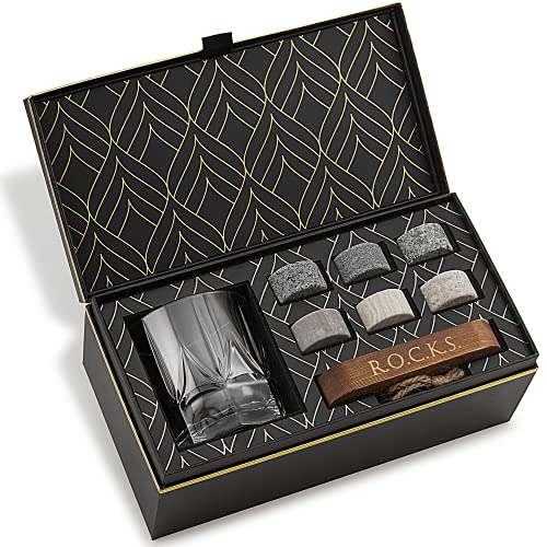Whiskey Steine & Umweltfreundliches Kristall Whisky Glas Geschenkset - 6 Handgefertigte Runde Granit Kühlsteine - Whiskey Glas Imperial aus Europa (355 ml) - Tablett aus Hartholz - Geschenkbox von ROCKS WHISKEY CHILLING STONES