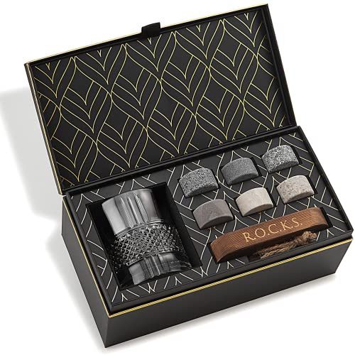 Whiskey-Steine & Old Fashioned Cocktail & Whiskey Gläser Geschenkset – 6 Handgemachte Runde Granitsteine – Reserve Kristallgläser (340 ml) – Serviertablett aus Hartholz – Geschenkbox mit Goldfolie von ROCKS WHISKEY CHILLING STONES