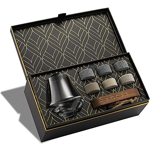 Whisky Glas & Whiskey Steine Set - 6 Handgefertigte Runde Granit Whisky Steine - Nosing Glas für Scotch, Bourbon Whisky Tasting - Hartholz-Brett- Whisky Geschenkset Box in Goldfolie von Rocks von ROCKS WHISKEY CHILLING STONES