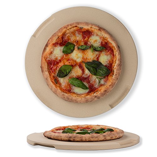 Pizzastein 32 cm runder Back- und Grillstein, ideal für Ofen, Grill und Grill. Innovatives doppelseitiges Design, mit 4 Griffen von ROCKSHEAT