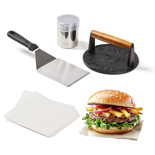 ROCKSHEAT Burgerpressen-Set aus Gusseisen, 17,8 cm, mit Edelstahlspatel, Gewürzstreuer und Patty-Papier, robuster Smash-Burger-Maker für Grill, BBQ und Camping von ROCKSHEAT