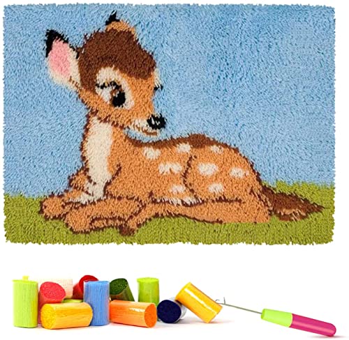 ROCKY&CHAO Knüpfhaken-Set zum Selbermachen, Teppich-Stickerei, Teppich-Set, Handarbeit mit Häkelarbeiten, Basteln, zotteliges DIY-Knüpf-Set für Erwachsene, 50 x 38 cm (Babyhirsch) von ROCKY&CHAO