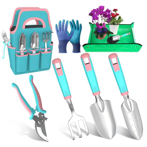ROCKY&CHAO Gartenwerkzeug-Set, 7 Stück Garten Hand Werkzeuge, Rost-Sicht Gartenarbeit Set mit dauerhafter Aufbewahrungstasche, Ergonomischer Anti-Rutsch-Griff Gartengeräte (Macaron von ROCKY&CHAO