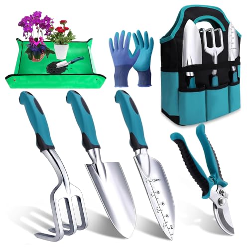 ROCKY&CHAO Gartenwerkzeug-Set, 7 Stück Garten Hand Werkzeuge, Rost-Sicht Gartenarbeit Set mit dauerhafter Aufbewahrungstasche, Ergonomischer Anti-Rutsch-Griff Gartengeräte (Pfauenblau von ROCKY&CHAO