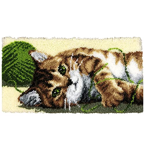 ROCKY&CHAO Knüpf-Sets mit Kissen Katze und Wolle DIY-Knüpfhaken, Teppichherstellungs-Set für Erwachsene Kinder, Kreuzstich-Set, Teppichherstellung, Heimdekoration, 50 x 38 cm von ROCKY&CHAO