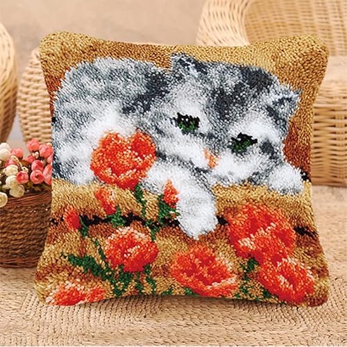 ROCKY&CHAO Knüpfteppich Zum Selber Knüpf-Sets mit Kissen knüpfen-Set 43x43cm Kissenbezug-Set für Erwachsene und Kinder Latch Hook Kit Heimaccessoire（Katzen und Tulpen） von ROCKY&CHAO