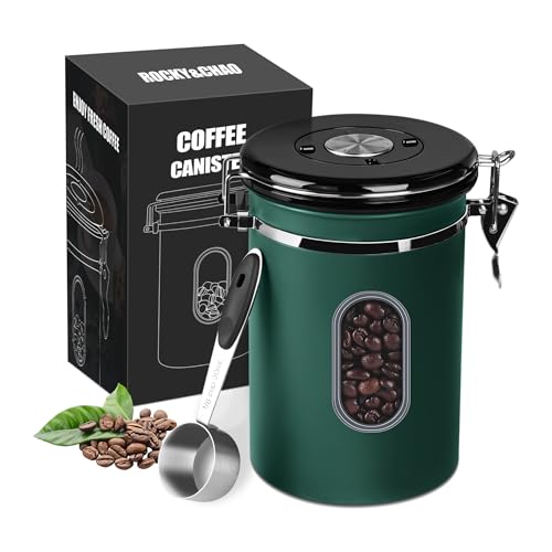 ROCKY&CHAO Kaffeedose Luftdicht aus Edelstahl 1,8L Kaffeebhnen Behälter mit Sichtfenster an der Seite Vorratsdose für 600g Tee Nüsse Kakao Länger und Frisch Bleiben (Grün) von ROCKY&CHAO