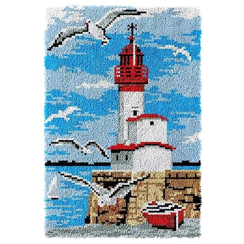 ROCKY&CHAO Knüpfhaken-Teppich-Set DIY-Knüpfhaken Teppichherstellungs-Set für Erwachsene Kinder Kreuzstich Teppichherstellung Heimdekoration 60 x 40 cm （Roter Leuchtturm） von ROCKY&CHAO