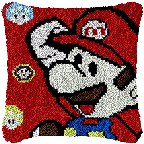 ROCKY&CHAO Knüpfteppich Zum Selber Knüpf-Sets mit Kissen knüpfen-Set 43x43cm Kissenbezug-Set für Erwachsene und Kinder Latch Hook Kit Heimaccessoire（Mario） von ROCKY&CHAO