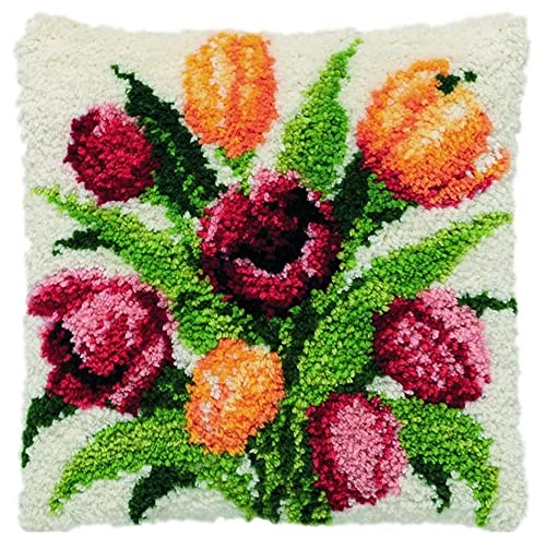 ROCKY&CHAO Knüpfteppich Zum Selber Knüpf-Sets mit Kissen knüpfen-Set 43x43cm Kissenbezug-Set für Erwachsene und Kinder Latch Hook Kit Heimaccessoire（Tulpe） von ROCKY&CHAO
