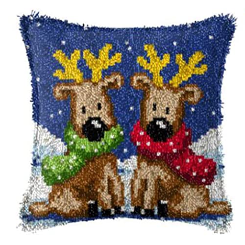 ROCKY&CHAO Knüpfteppich Zum Selber Knüpf-Sets mit Kissen knüpfen-Set 43x43cm Kissenbezug-Set für Erwachsene und Kinder Latch Hook Kit Heimaccessoire（Weihnachtskitz） von ROCKY&CHAO