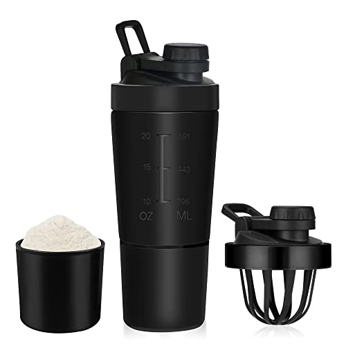 ROCKY&CHAO Protein Shaker Edelstahl 700+200 ML Eiweiß Becher mit pulverfach für Sport Fitness Eiweiss Bottle （mit Knopfdeckel |schwarz） von ROCKY&CHAO